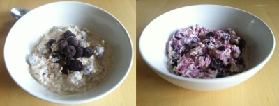 Oats with yoghurt and frozen blueberries.
