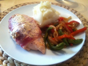 Chicken stuffed with herby soft cheese, spicy peppers & onions and mash potato. Courtesy of The Man.