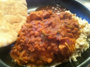Chicken and Lentil Balti with wholegrain basmati rice, a wholemeal pitta and mango chutney.